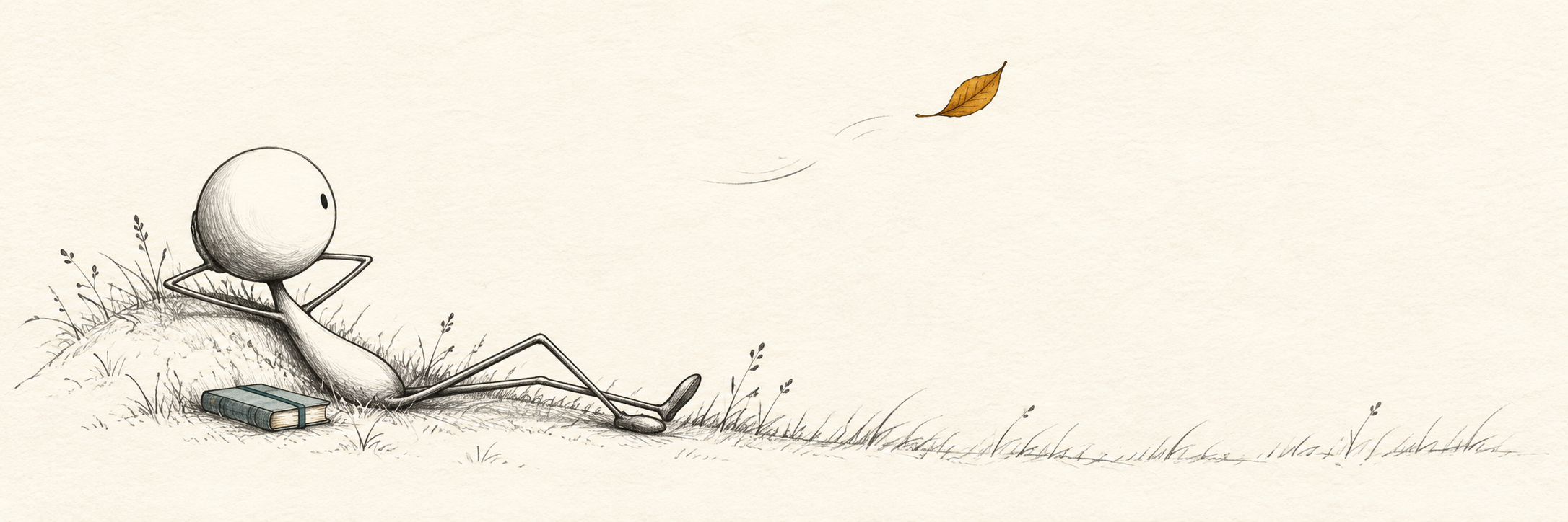 The slender figure rests on a grassy bank, watching a tiny ochre leaf drift overhead.